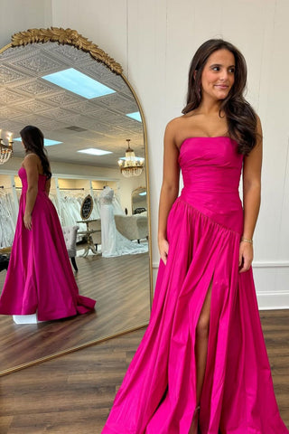 Simple A-Line Hot Pink Strapless Long Satin Prom Dress with Slit