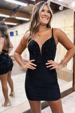 Load image into Gallery viewer, Sparkly Black Spaghetti Straps Bodycon Short Beaded Homecoming Dress
