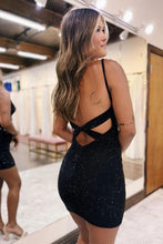 Load image into Gallery viewer, Sparkly Black Spaghetti Straps Bodycon Short Beaded Homecoming Dress
