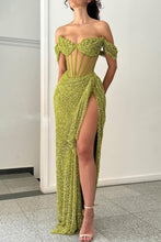 Load image into Gallery viewer, Sparkly Green Mermaid Off The Shoulder Long Formal Dress with High Slit
