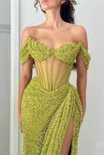 Load image into Gallery viewer, Sparkly Green Mermaid Off The Shoulder Long Formal Dress with High Slit
