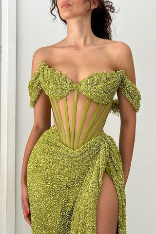 Sparkly Green Mermaid Off The Shoulder Long Formal Dress with High Slit