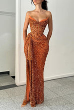 Load image into Gallery viewer, Sparkly Orange Mermaid Strapless Lace Up Long Sequin Party Dress with Slit
