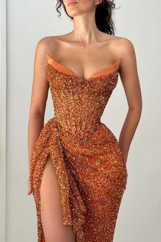 Sparkly Orange Mermaid Strapless Lace Up Long Sequin Party Dress with Slit