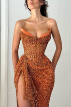 Load image into Gallery viewer, Sparkly Orange Mermaid Strapless Lace Up Long Sequin Party Dress with Slit
