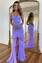 Load image into Gallery viewer, Sparkly Purple Mermaid Spaghetti Straps Long Tiered Prom Dress With Slit
