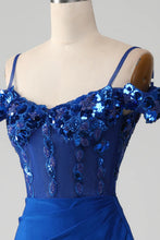 Load image into Gallery viewer, Sparkly Royal Blue Off The Shoulder Mermaid Long Prom Dress With Sequin
