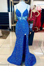 Load image into Gallery viewer, Sparkly Sequin Mermaid Spaghetti Straps Long Prom Dress With Slit

