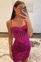 Load image into Gallery viewer, Sparkly Bodycon Spaghetti Straps Short Beaded Homecoming Dress
