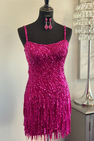 Sparkly Sequin Spaghetti Straps Short Homecoming Dress With Fringe
