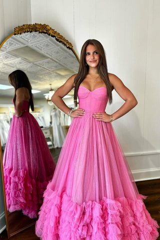 Stunning A-Line Pink Sweetheart Long Glitter Tulle Prom Dress with Ruffle