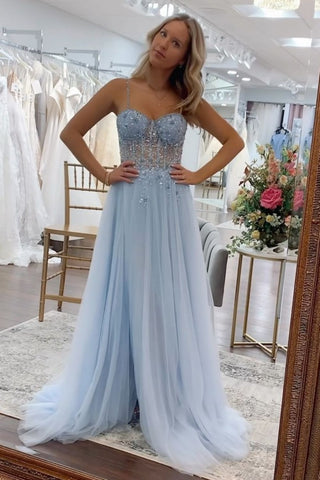 Stunning A Line Blue Spaghetti Straps Long Tulle Prom Dress with Beading