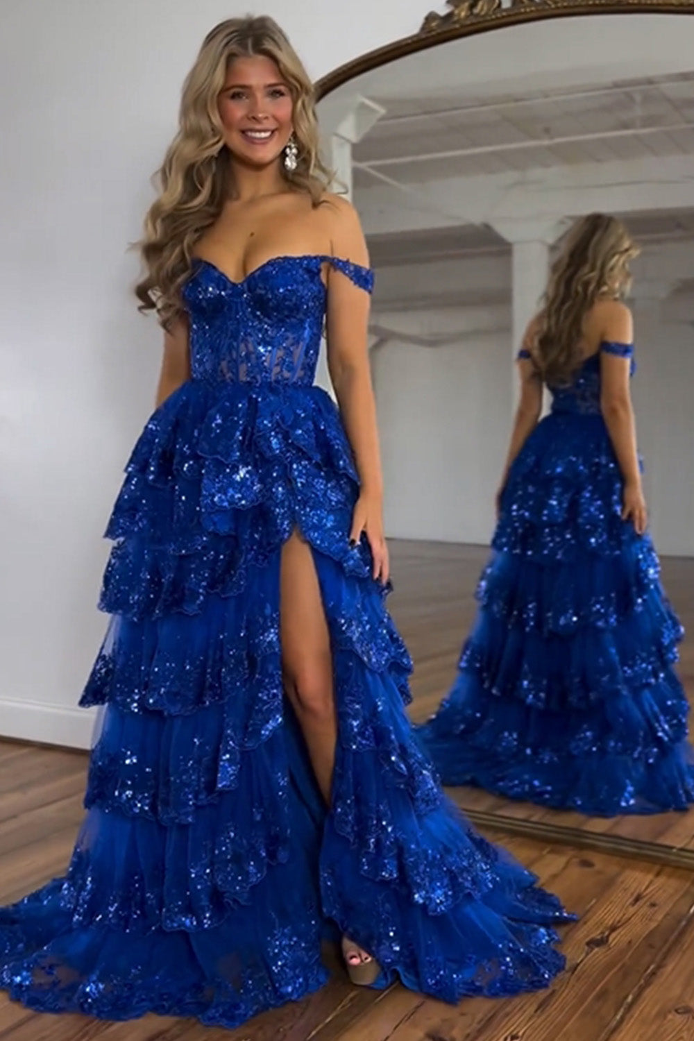Luuvis Stunning Glitter A-Line Off The Shoulder Long Tiered Prom Dress ...
