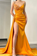 Load image into Gallery viewer, Stunning Orange Mermaid V-Neck Long Satin Formal Dress with Beading
