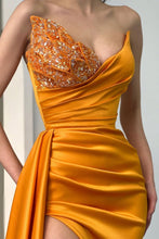 Load image into Gallery viewer, Stunning Orange Mermaid V-Neck Long Satin Formal Dress with Beading
