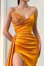 Load image into Gallery viewer, Stunning Orange Mermaid V-Neck Long Satin Formal Dress with Beading
