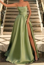 Load image into Gallery viewer, Stunning Sage Green A-Line Strapless Long Satin Prom Dress with Slit
