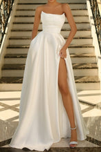 Load image into Gallery viewer, Stunning Sage Green A-Line Strapless Long Satin Prom Dress with Slit
