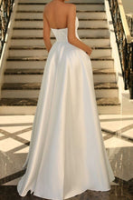 Load image into Gallery viewer, Stunning Sage Green A-Line Strapless Long Satin Prom Dress with Slit
