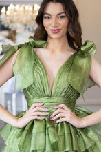 Load image into Gallery viewer, Stunning A-Line Deep V-Neck Short Tiered Satin Homecoming Dress
