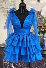 Load image into Gallery viewer, Stunning A-Line Deep V-Neck Short Tiered Satin Homecoming Dress

