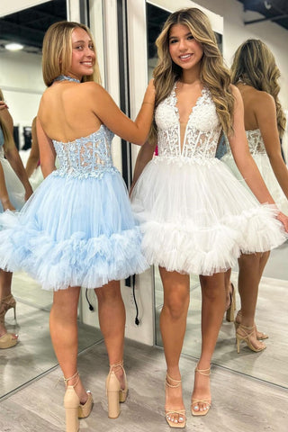 Stunning A-Line Halter Neck Lace Top Short Tulle Homecoming Dress