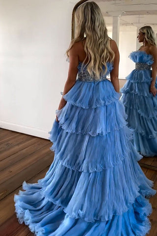 Newly Blue A Line Strapless Long Tiered Prom Dress With Beaded Belt