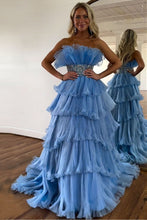 Load image into Gallery viewer, Newly Blue A Line Strapless Long Tiered Prom Dress With Beaded Belt
