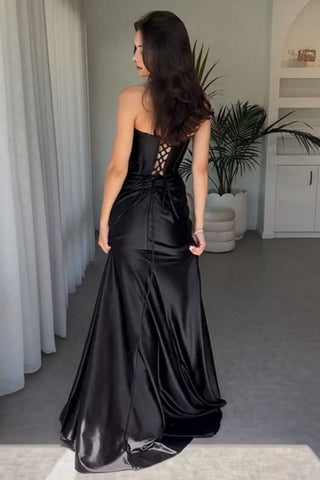 Stylish Mermaid Strapless Lace Up Long Satin Prom Dress With Split