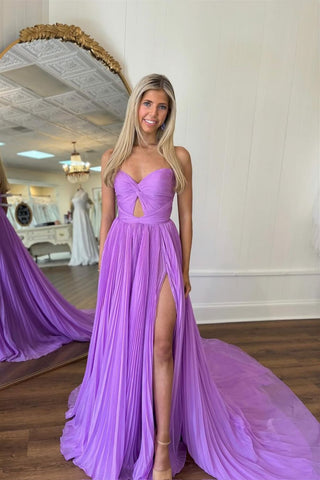 Stylish Purple A-Line Strapless Long Pleated Tulle Prom Dress