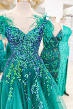 Load image into Gallery viewer, Princess A Line Off the Shoulder Green Long Prom Dress with Feather
