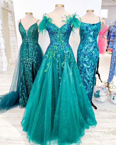 Princess A Line Off the Shoulder Green Long Prom Dress with Feather