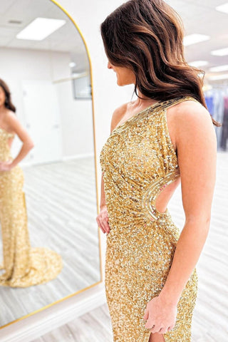 Sparkly Mermaid One Shoulder Golden Sequins Long Prom Dress with Keyhole