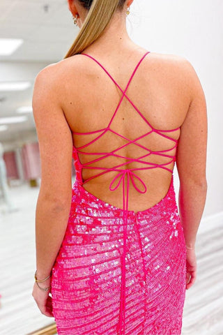 Sparkly Mermaid Spaghetti Straps Fuchsia Sequins Long Prom Dress with Criss Cross Back