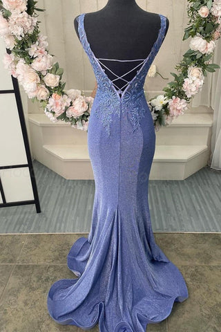 Gorgeous Mermaid Deep V Neck Blue Long Prom Dress with Appliques