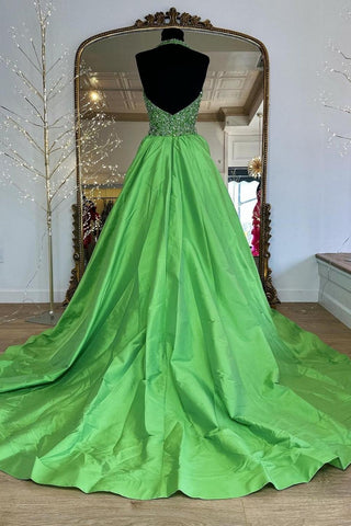 Princess A Line Halter Neck Green Long Prom Dress with Beading