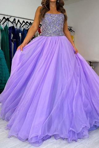 Charming A Line Strapless Purple Tulle Long Prom Dress with Beading