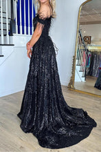 Load image into Gallery viewer, Gorgeous A Line Off the Shoulder Black Sequins with Feather
