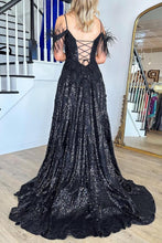 Load image into Gallery viewer, Gorgeous A Line Off the Shoulder Black Sequins with Feather
