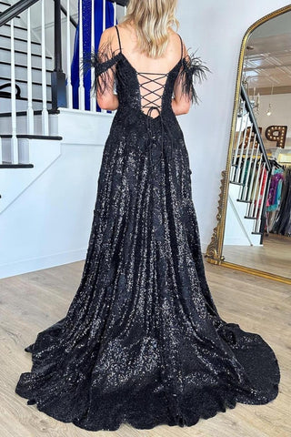 Gorgeous A Line Off the Shoulder Black Sequins with Feather