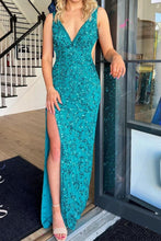 Load image into Gallery viewer, Sparkly Mermaid V Neck Peacock Blue Sequins Long Prom Dress with Backless
