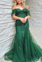 Load image into Gallery viewer, Dark Green Mermaid Off The Shoulder Long Corset Prom Dress With Appliques
