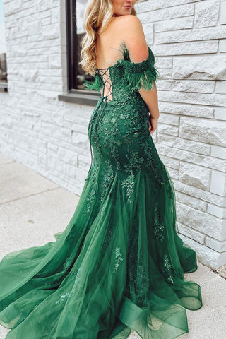 Dark Green Mermaid Off The Shoulder Long Corset Prom Dress With Appliques