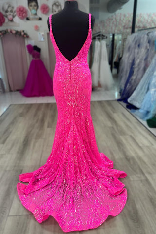 Sparkly Hot Pink Mermaid Backless Long Corset Prom Dress With Sequin