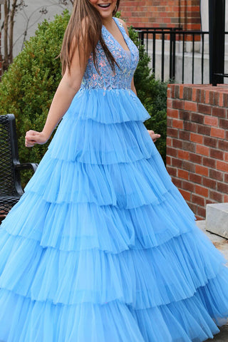 Blue A Line V-Neck Long Tiered Prom Dress with Slit And Appliques