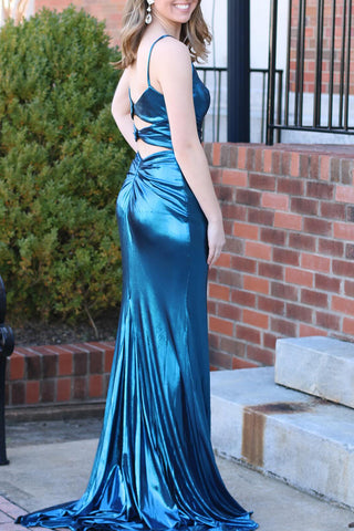 Dark Blue Mermaid Keyhole Back Long Satin Prom Dress With Slit