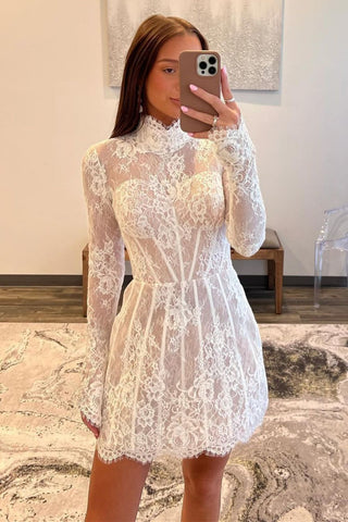 White A-Line High Neck Long Sleeves Short Lace Homecoming Dress