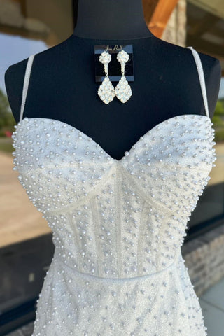 White Bodycon Spaghetti Straps Short Homecoming Dress With Pearls