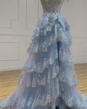 Load and play video in Gallery viewer, Gorgeous A-Line Light Blue Off The Shoulder Sparkly Tiered Long Prom Dress With Split
