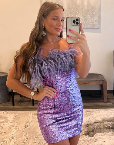 Glitter Off-the-Shoulder Sequins Homecoming Dress With Feather